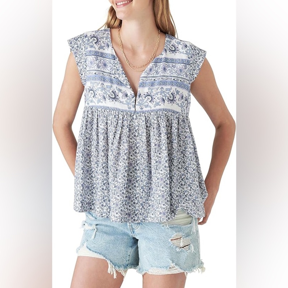 Lucky Brand Blue White Printed Cap-Sleeve Peasant Top